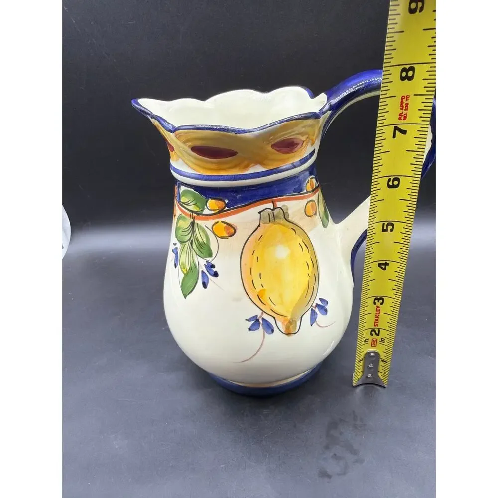 Jay Willfred Hand Painted Portugal Lemon Fruit Ceramic Pitcher Blue White Signed